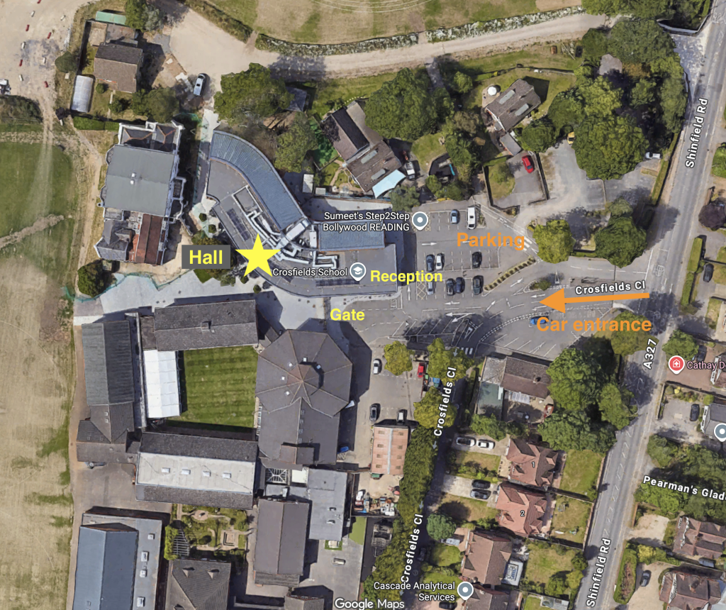 Map showing location of the car park and hall at Crosfields School
