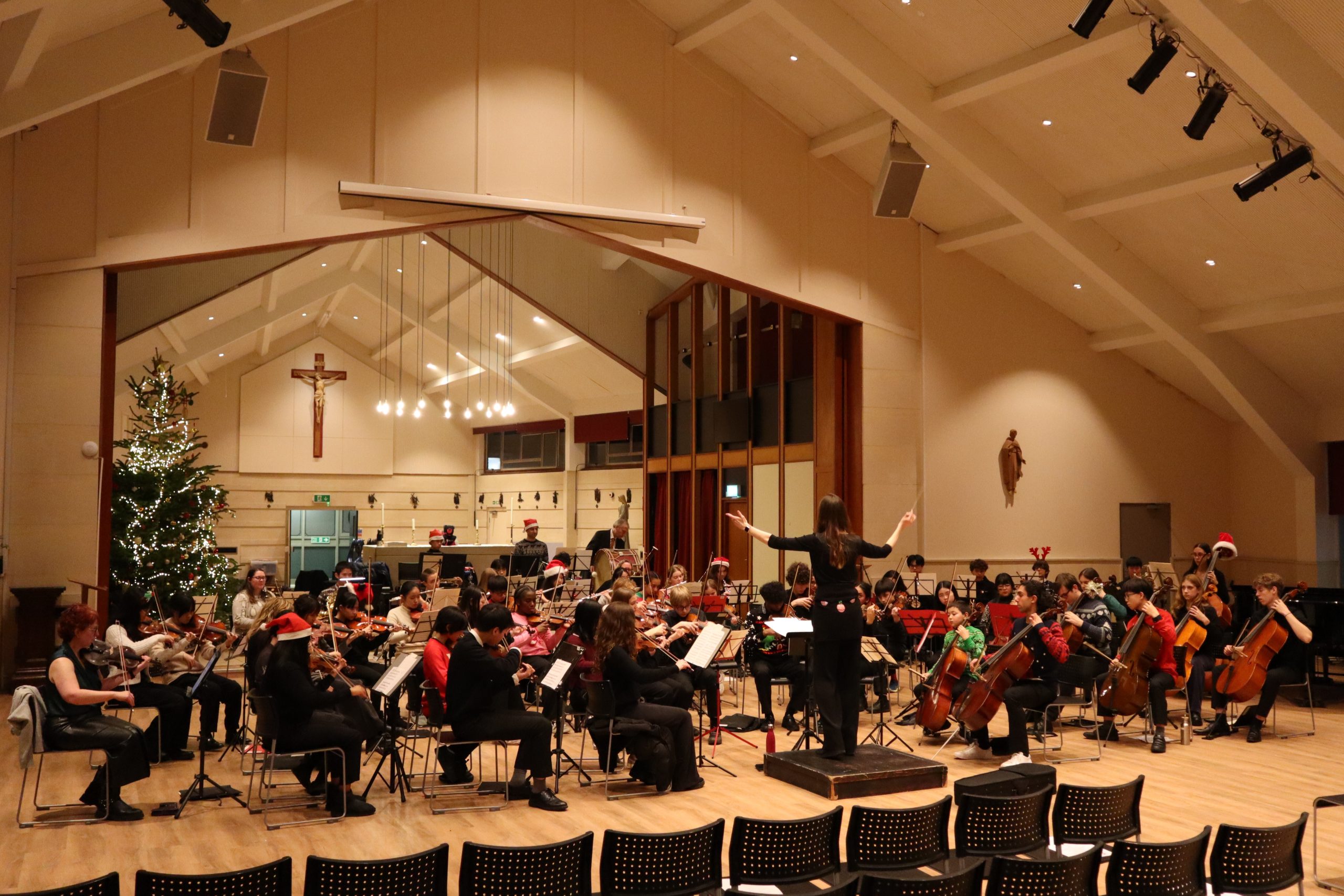 Image shows an orchestra playing music in a hall with a Christmas tree in the background