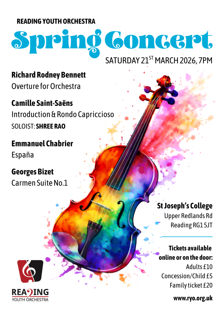 Image shows a flyer with concert details around a brightly coloured graphic of a violin